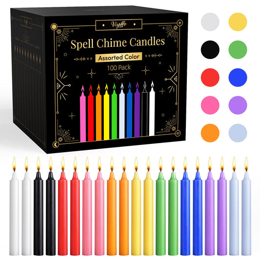 Viyffo 100 Pack Taper Chime Candles, 4 Inch Mini Unscented Dripless Candles, 1.5 Hour Burn Time, 10 Colors for Rituals, Meditation, Prayer, Wicca & Pagan Spells, Home Décor