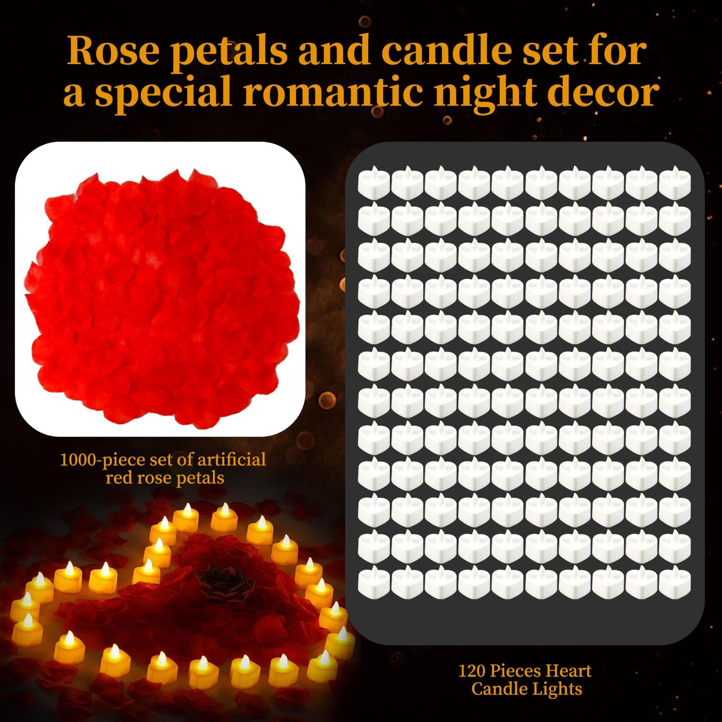 SENONAPO 10000 Pcs Artificial Rose Petals and 120 Pcs Candles Set Heart Candle Lights Flameless LED Tealight Candle Fake Rose Petals for Wedding Anniversary Valentines Day Bedroom Decor