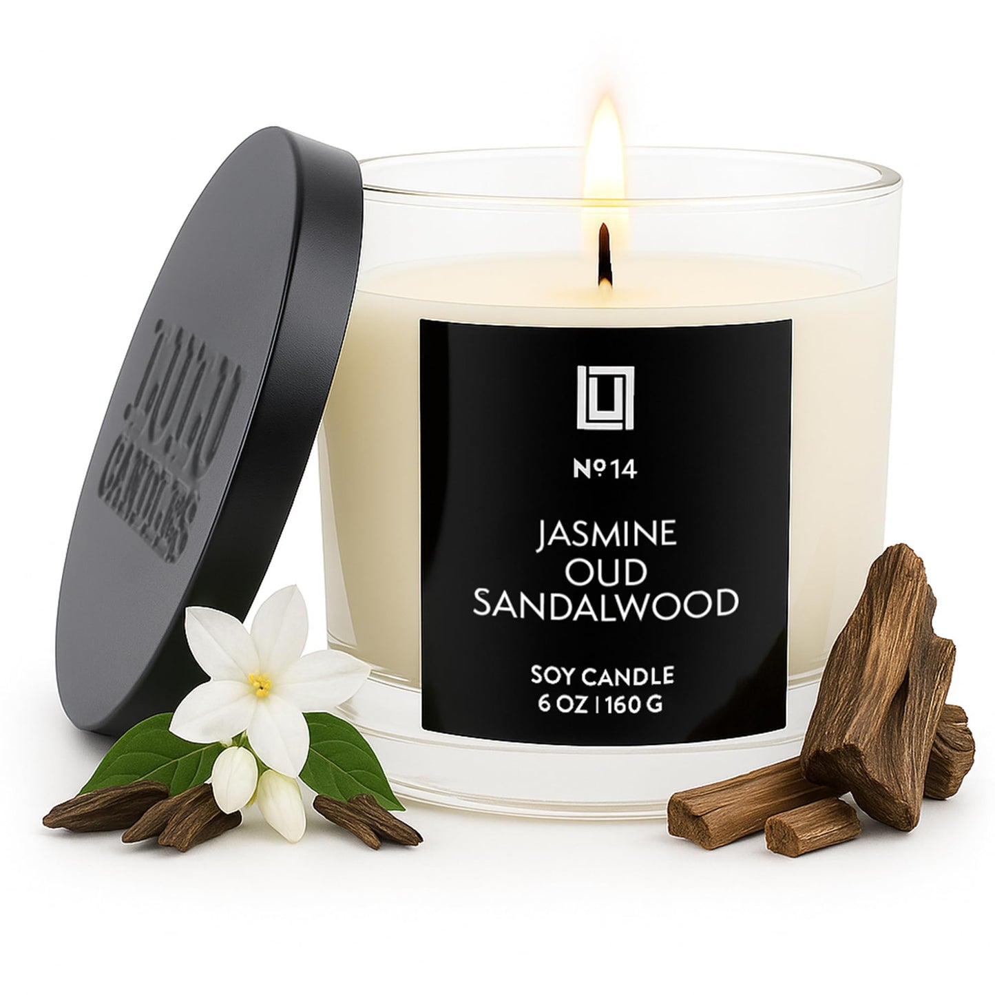Lulu Candles | Jasmine, Oud & Sandalwood | Luxury Scented Soy Jar Candle | Hand Poured in The USA | Highly Scented Long Lasting (6 Oz.)