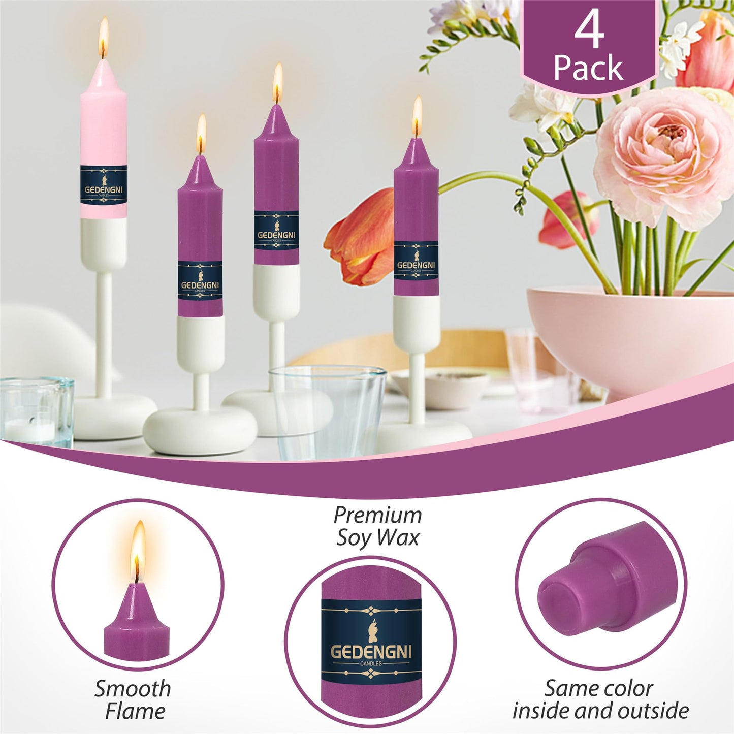 Gedengni Pink Candlesticks Short Taper Candle,5inches Purple Candle Sticks Dripless Tapered Candles for Home Decor Weddings Festive Party Holiday,7D-3PUR1PIN