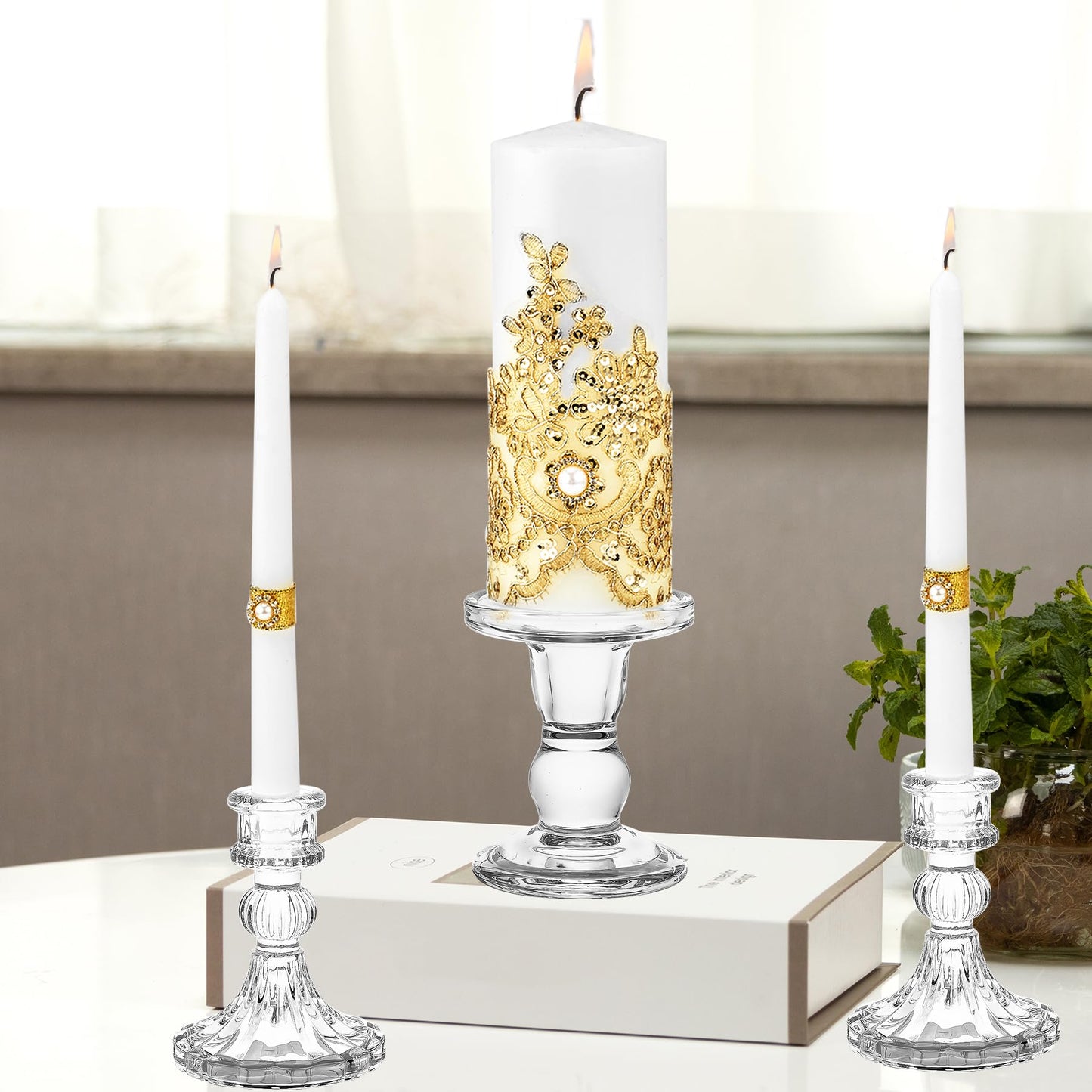 Unity Candle Holder - Glass Candle Holders for Pillar Candles Taper Candles, Glass Candlestick Holders Set of 3, Decorative Clear Glass Candlestick Holder for Wedding Table Dinning Church Centerpiece
