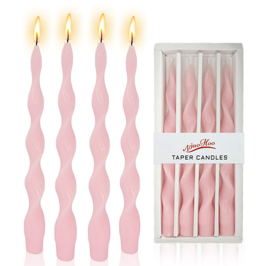 NJAO HOO Pink Spiral Taper Candles 10 Inch Twisted Candlesticks Unscented Ripple Tapered Candles Set for Dinner Table Decor Party Wedding, 4 Pcs
