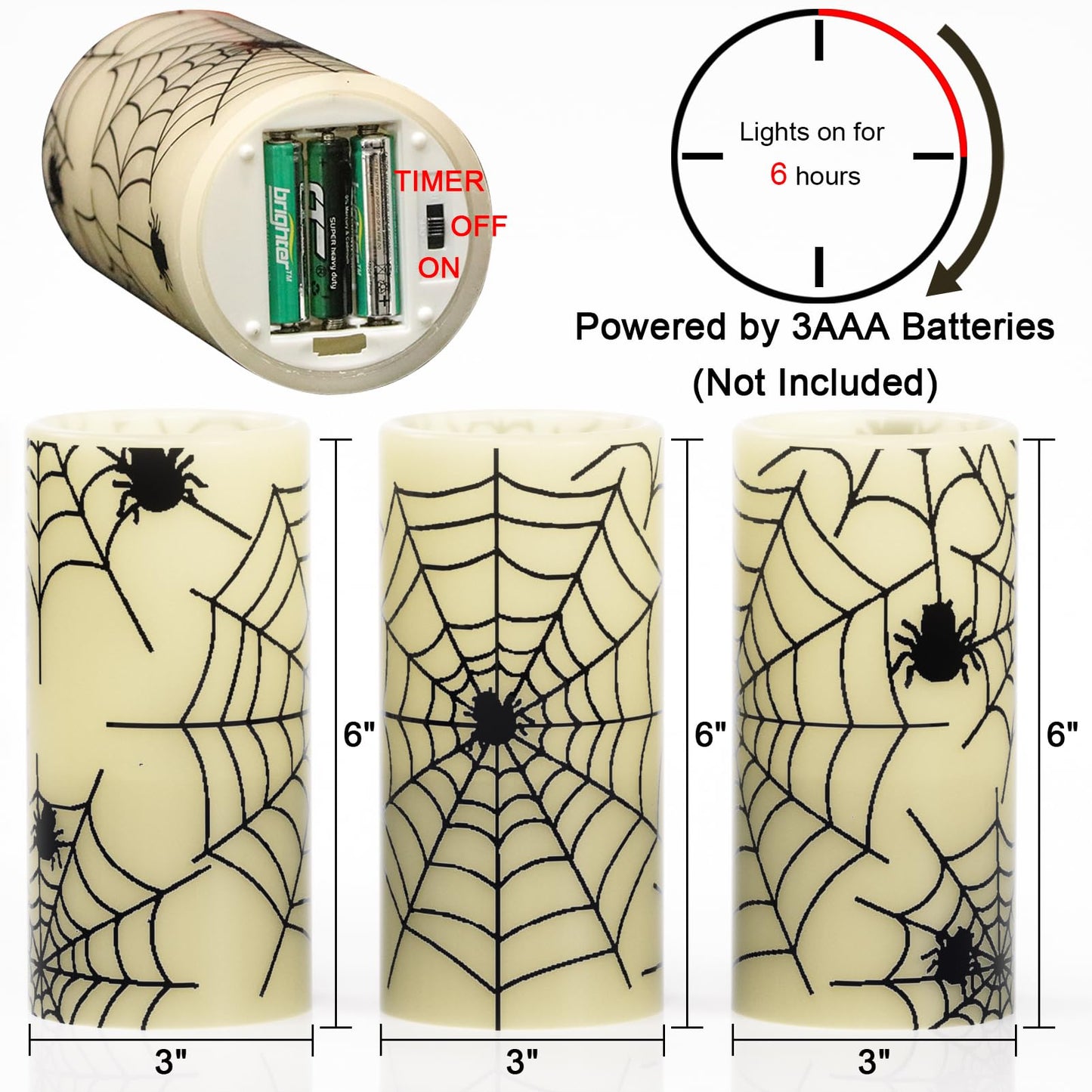 Eldnacele Halloween Flameless Candles with Timer,Battery Operated Spider Cobweb Decal Flickering Candles Real Wax LED Pillar Candle Set of 3 for Holiday Indoor Home Spooky Decor(3×6 Inches)