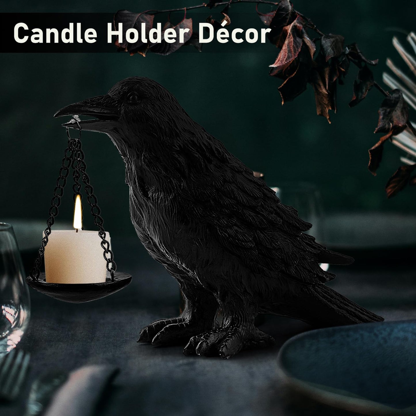 Gothic Crow Lamp with Tealight Candle Holder Resin Raven Decor Statue Gothic Home Decor for Bedroom Unique Goth Gifts Black