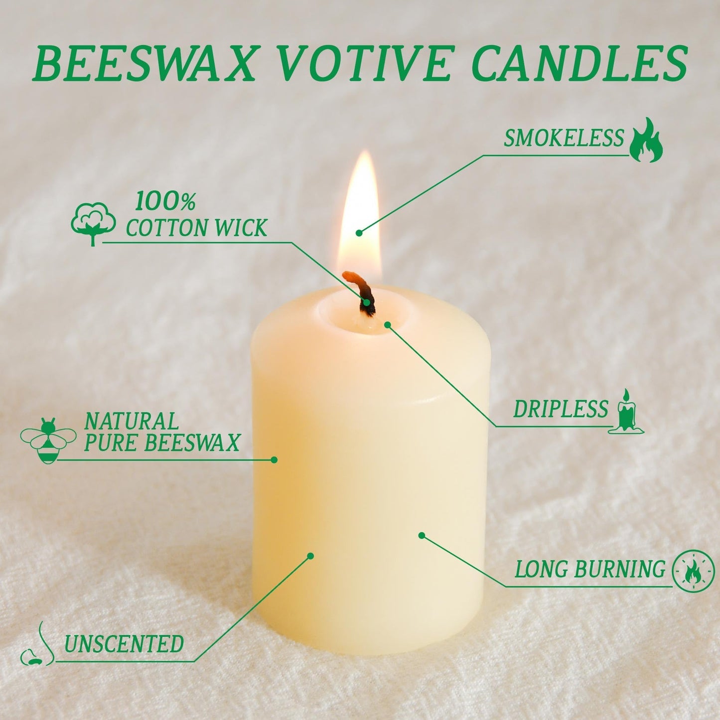 Natural Beeswax Long Burning Unscented 9 Hours Smokeless Pure Beeswax Votive Candles, 16-Pack 1.37 x 1.85 Inches for Wedding, Birthday, Prayers, Relax