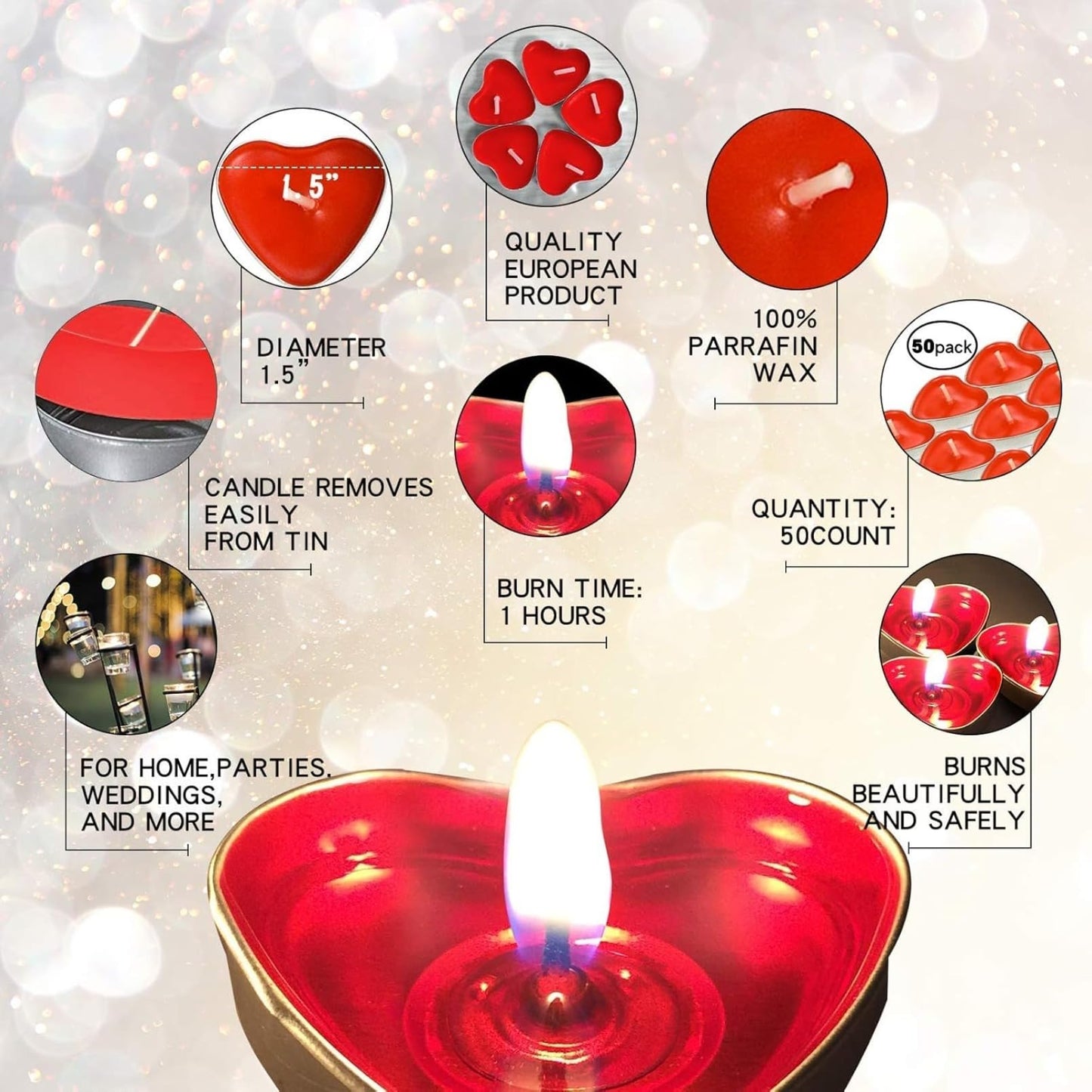IJRPLM 50 Pack Heart Shaped Tealight Candles, Romantic Love Unscented Tea Lights Candles, Dripless & Long Lasting Smokeless, Mini Tealight Candle for Wedding Party Home Decor, Purple