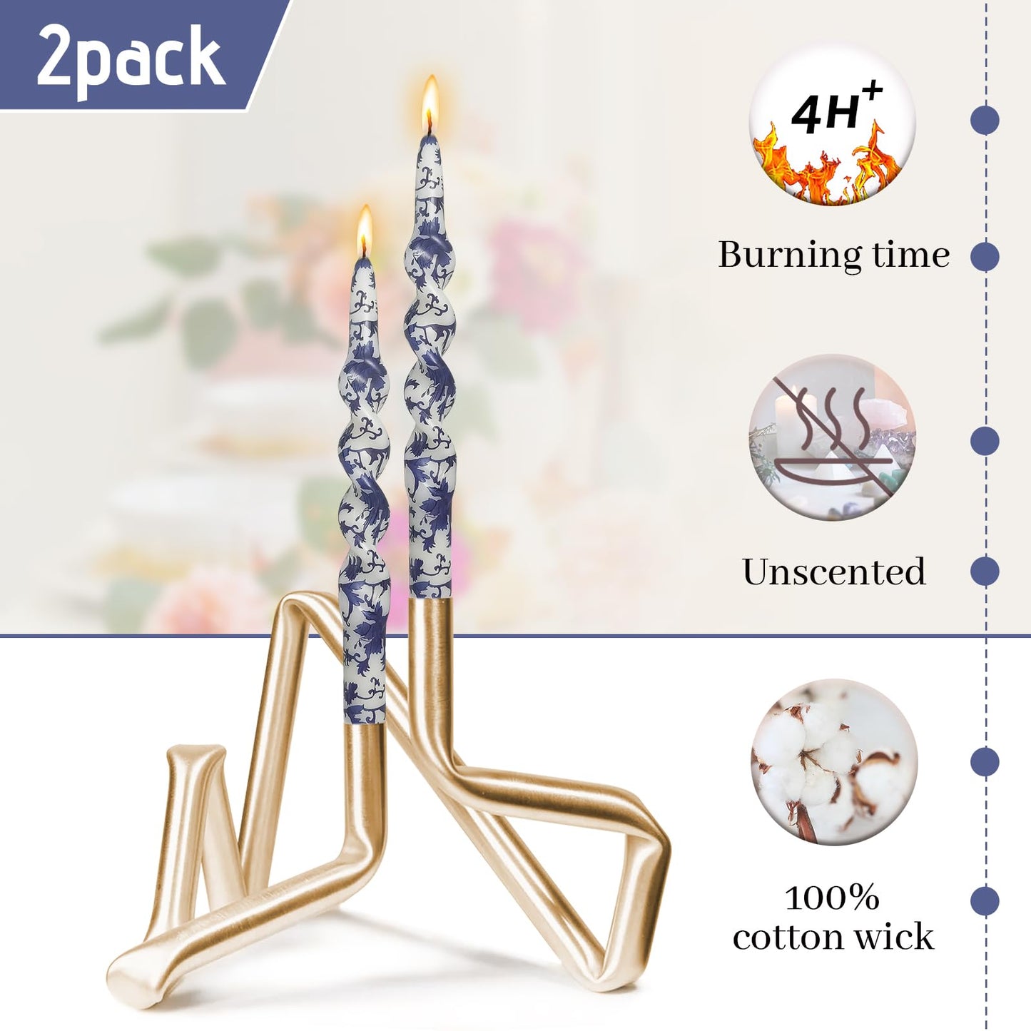 Blue and White Porcelain Taper Candle Handmade Unscented Candlesticks 5 Inch Short Printed Candle Smokelss Candle Sticks for Decor & Gifts Set of 4