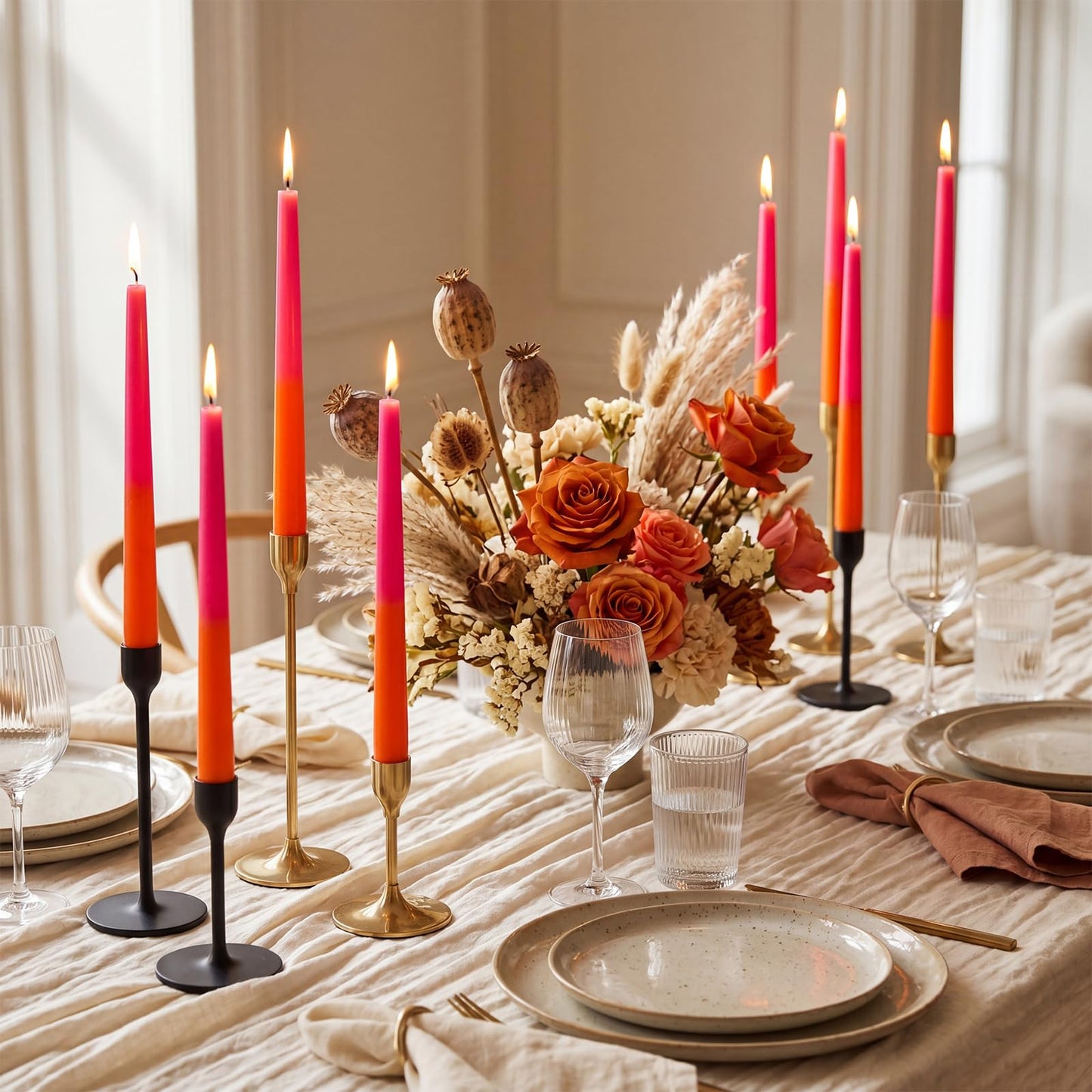 Photect 6 Pcs Pink and Orange Party Taper Candles 10 Inch Gradient Pink Orange Long Candles for Birthday Theme Party Dinner Table Home Bathroom Birthday Decor