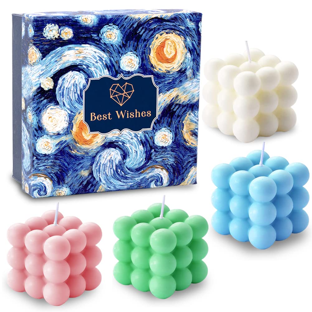 aokala Scented Bubble Cube Candles Gifts Set for Women, Home Decor Scented, 4 Pack 5.4 oz Soy Wax Aromatherapy Candles, Room Aesthetic Bedroom Decoration Gifts, White, Blue, Pink, Green