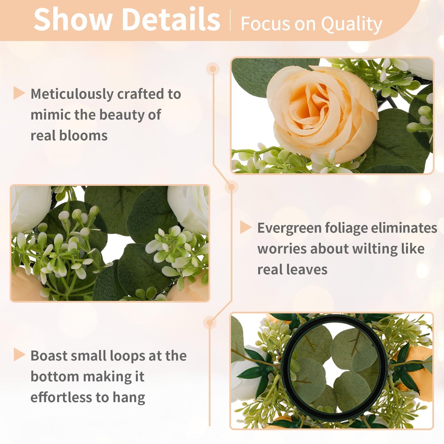 NUPTIO Small Flower Rings for Centerpieces: 9.05 Inch Champagne & White Candle Wreath for Wedding Party Christmas Table Decorations - Spring Summer Front Door Porch Decor 2 Pcs