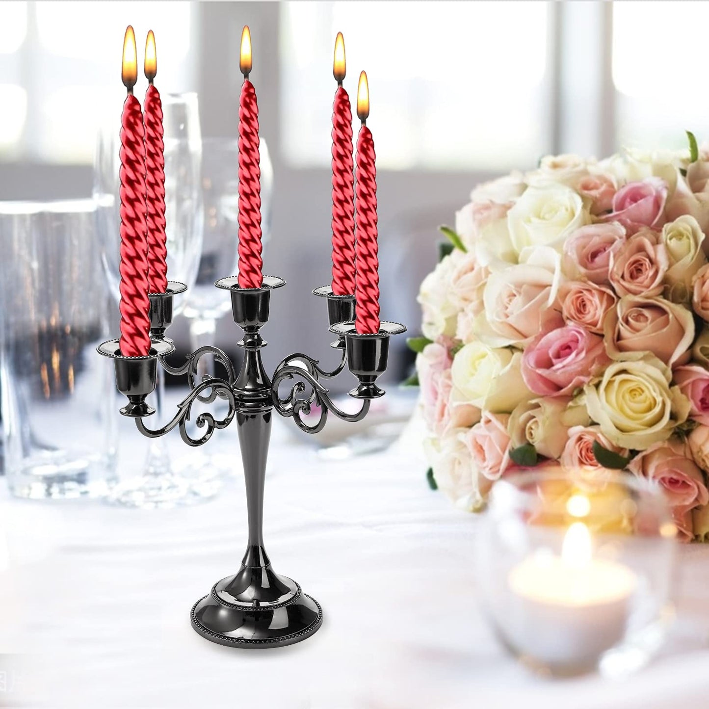 YOUEON 5 Arm Black Candelabra, Candelabra Candle Holder, 10 Inch Tall Candlesticks Holder, Elegant Taper Candle Holder Centerpiece for Wedding, Church, Halloween, Dining, Home Decor