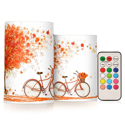 ALAZA Autumn Fall Tree and A Bicycle Thanksgiving Flickering Flameless Candles Battery Operated with Remote Timer,Tea Light Candles LED Pillar Votive Candles Set of 2 for Outdoor Indoor Decorations