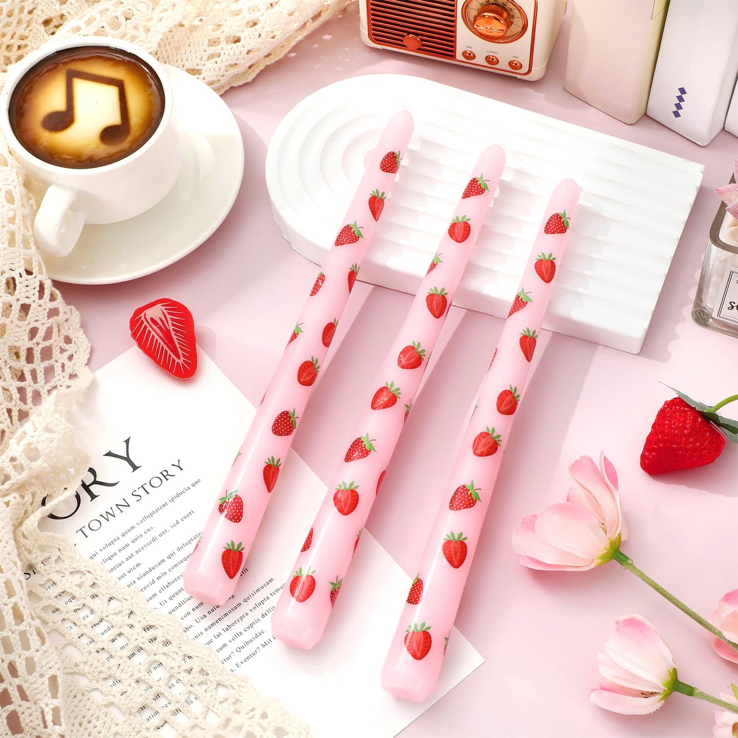 JarThenaAMCS 6Pcs Taper Candles 10 Inch Pink Red Strawberry Decorative Candles Long Unscented Candle Sticks for Holiday Birthday Baby Shower Party Home Table Decor