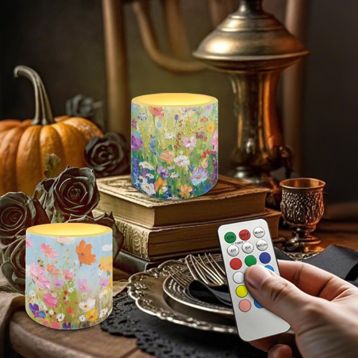 NETILGEN 3 inch Flameless LED Candles with Remote Timer Set of 4 Watercolor Daisy Floral Print Realistic Flickering Flameless Candles with Battery Powered