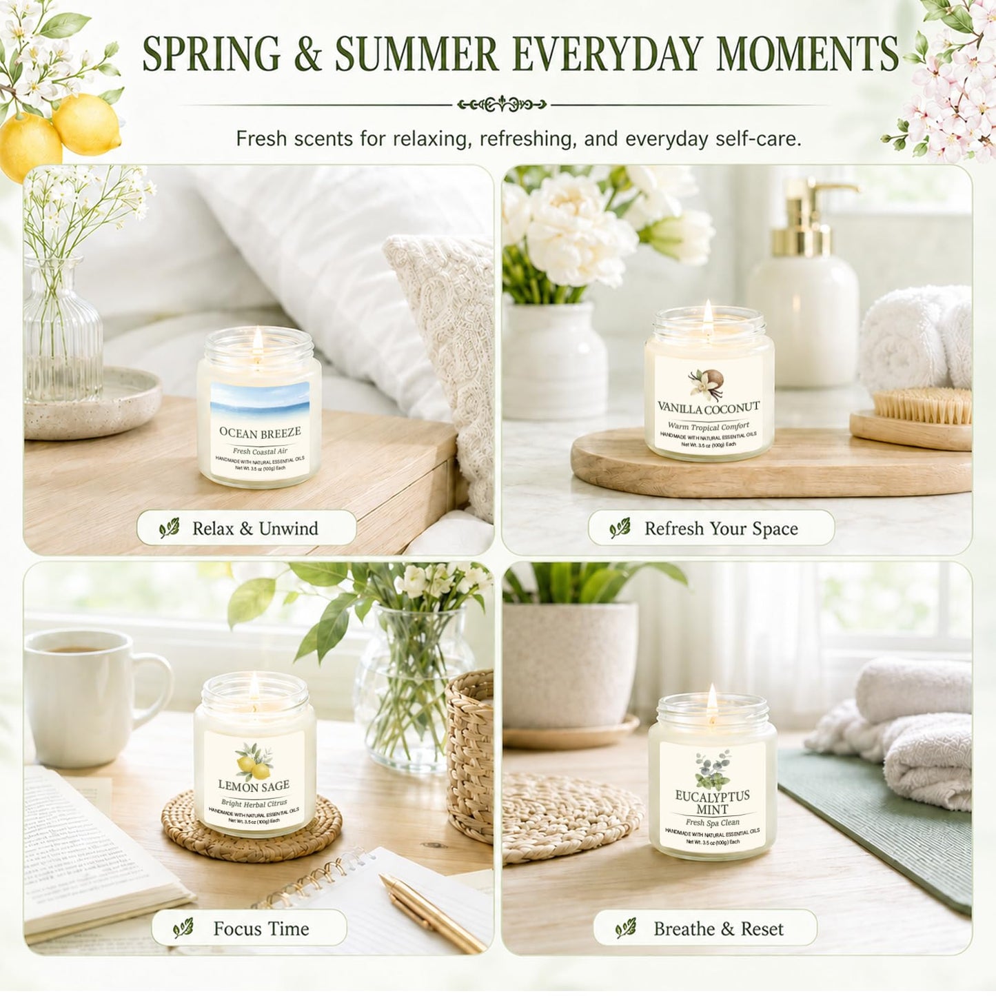 Spring & Summer Scented Candles Set, 6 Pack Soy Candles for Home, 21 oz Aromatherapy Candle Gift Set for Women, Mom, Birthday & Housewarming Gifts, Eucalyptus Mint & Vanilla Coconut