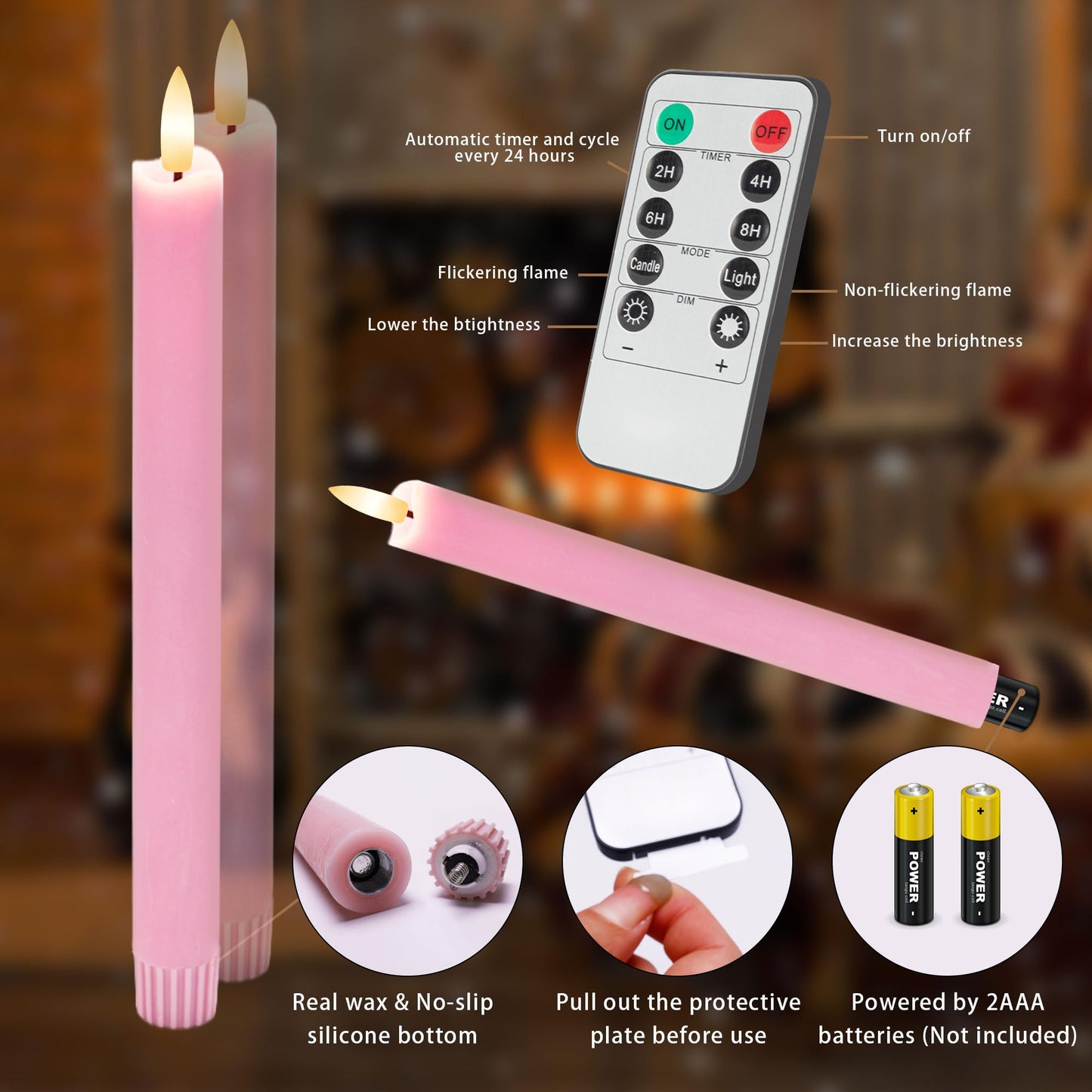AFINETH Pink Flameless Taper Candles with Rmote, 9.6" Real Wax Battery Operated Candles with 3D Wick, 3 Pack Led Candlesticks Flickering, Electric Candlesticks for Home, Wedding, Party Decor