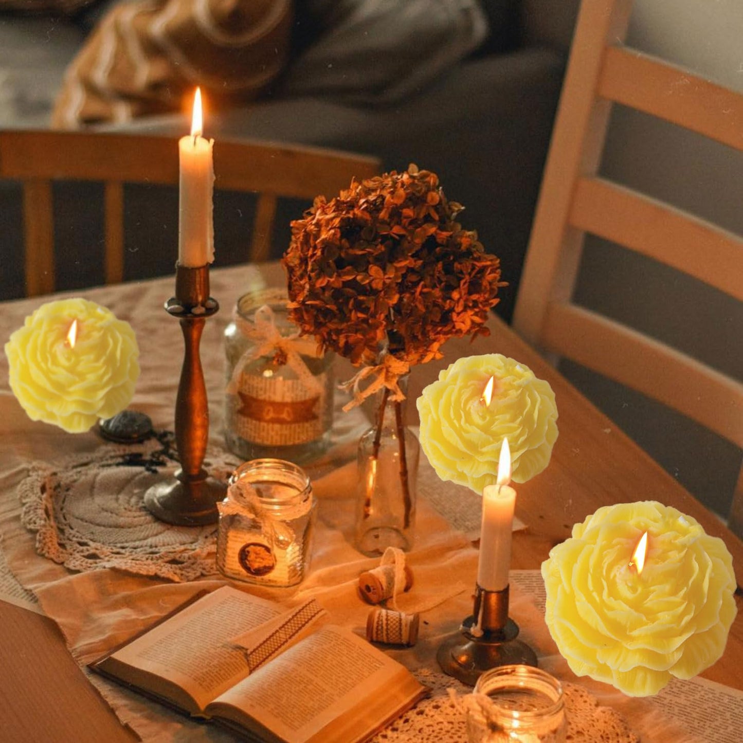 Peony Flower Shape Candles 1 Pack Soy Wax Decorative Candle for Bedroom Home Scented Candle Gift to Friends Family (Yellow)