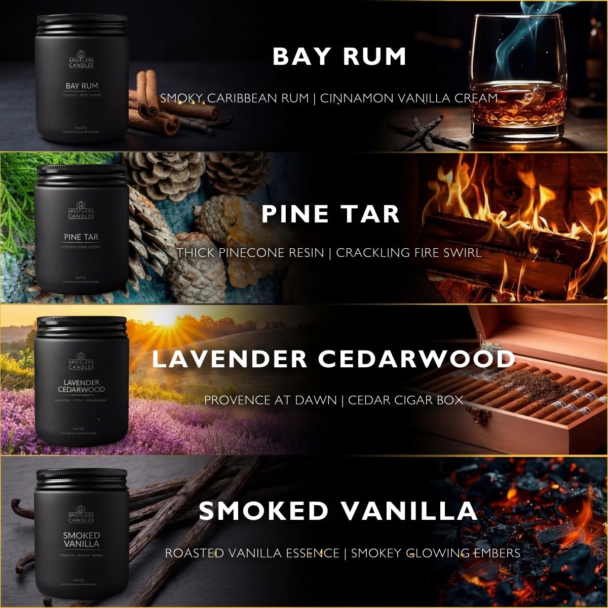 Men's Candle Gift Set; 4 x 8oz Scented Candles; Bay Rum, Pine Tar, Smoked Vanilla, Lavender Cedarwood; 200 Hours Burn Time; Matte Black Glass Jars; Premium Black Gift Box by Spotless Candles