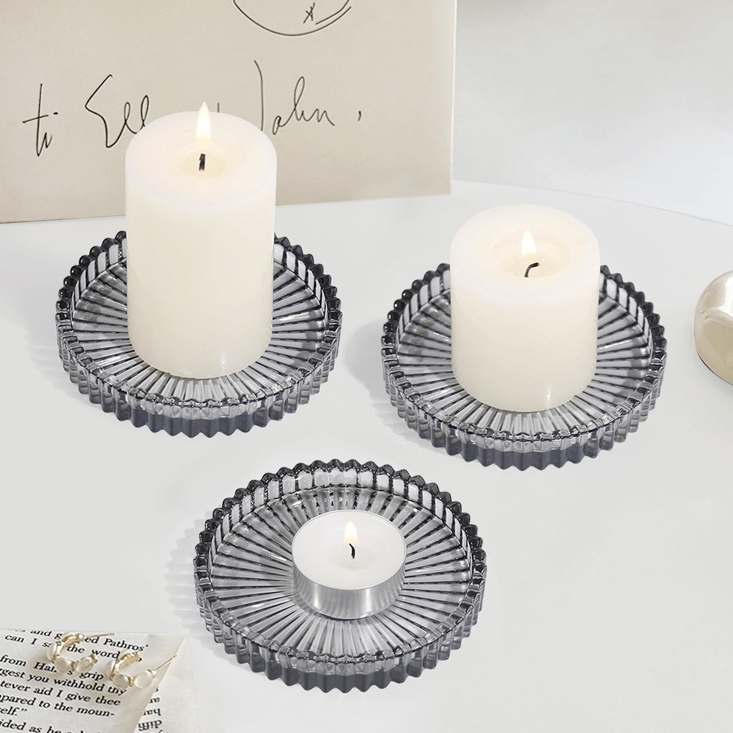 CHOCSTAY Glass Pillar Candle Holder, 4" Gray Candle Plates Set of 6, Glass Candle Holders for Wedding, Party, Holiday, Home Decor, Table Centerpiece
