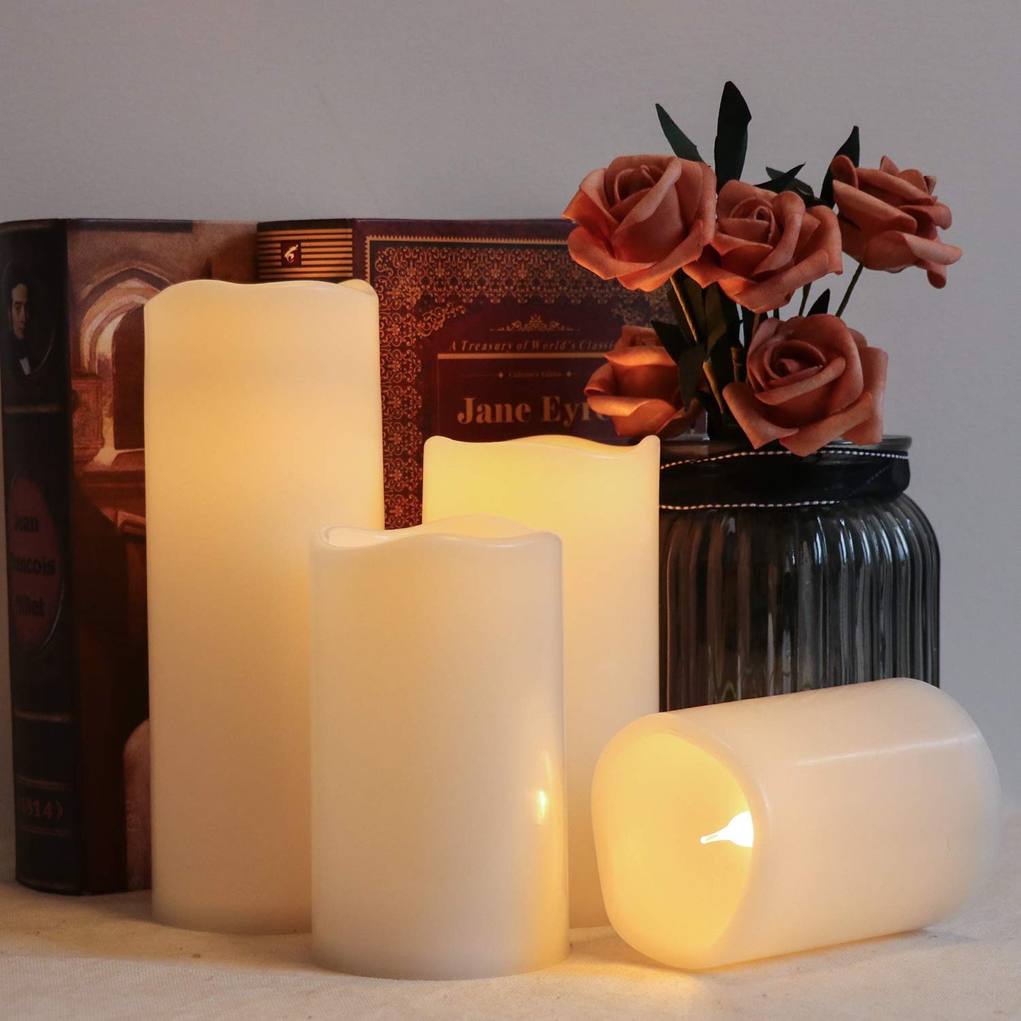 Eldnacele Waterproof Flameless Flickering Candles with Remote and Timer, Battery Operated LED Pillar Candles Indoor Outdoor White Plastic Candle Pack of 4 Wedding Dinner Home Decor, D3 x H4 5" 6" 8"