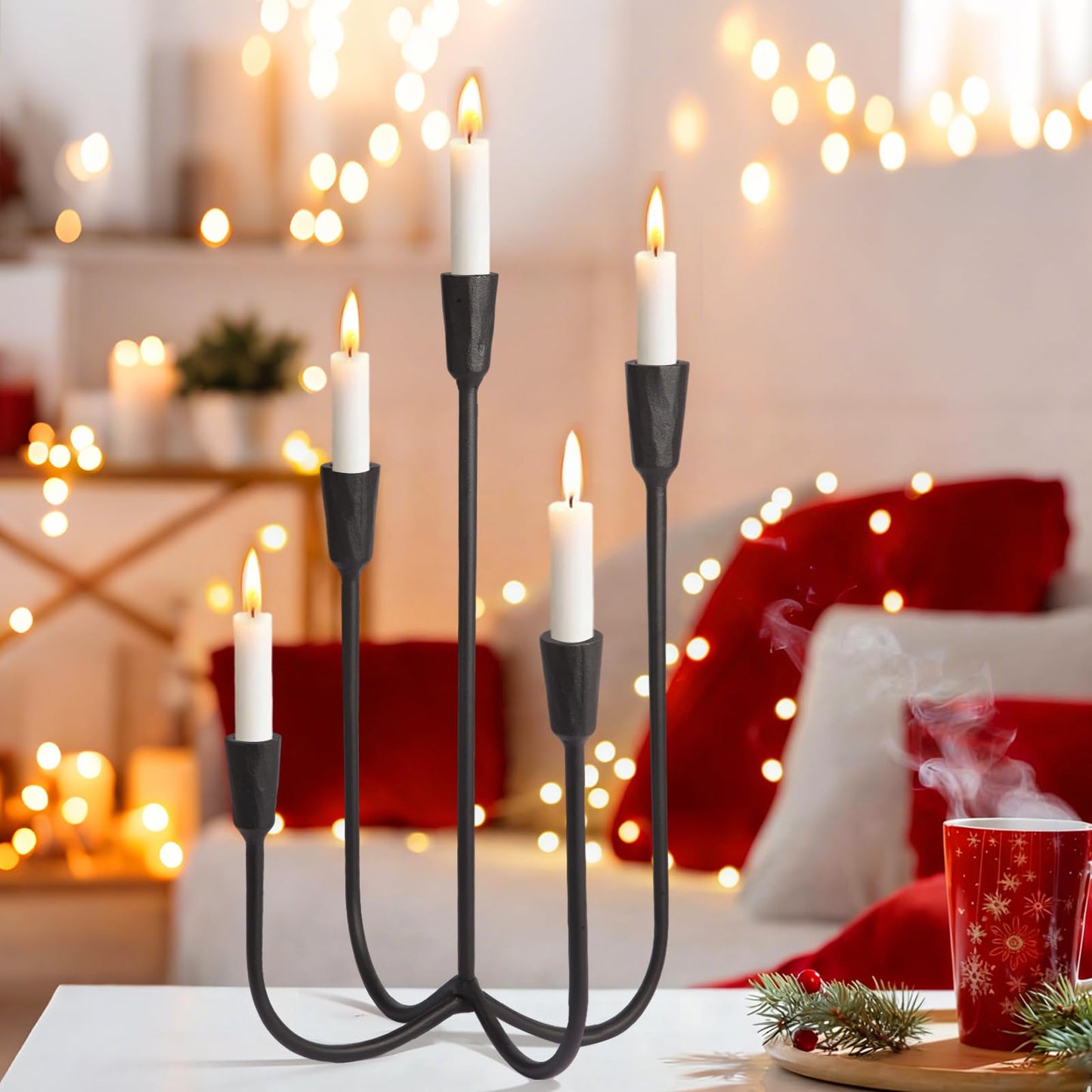 Mofunci Cast Iron 5-Candle Candelabra Centerpieces for Tables, Black Candle Holders Wedding Event 17.6 inch Tall Hand-Forged Candlestick Holders for Dining Room, Living Room or Mantel