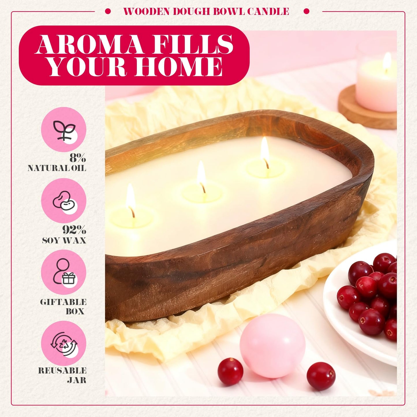 Threlaco 1 Pack 10 Inch Wood Dough Bowl Candles Home Rustic Dough Bowl Soy Candle 3 Wick Scented Candles Gifts for Men Women Farmhouse Table Centerpiece Home Decor for Christmas(Cranberry)