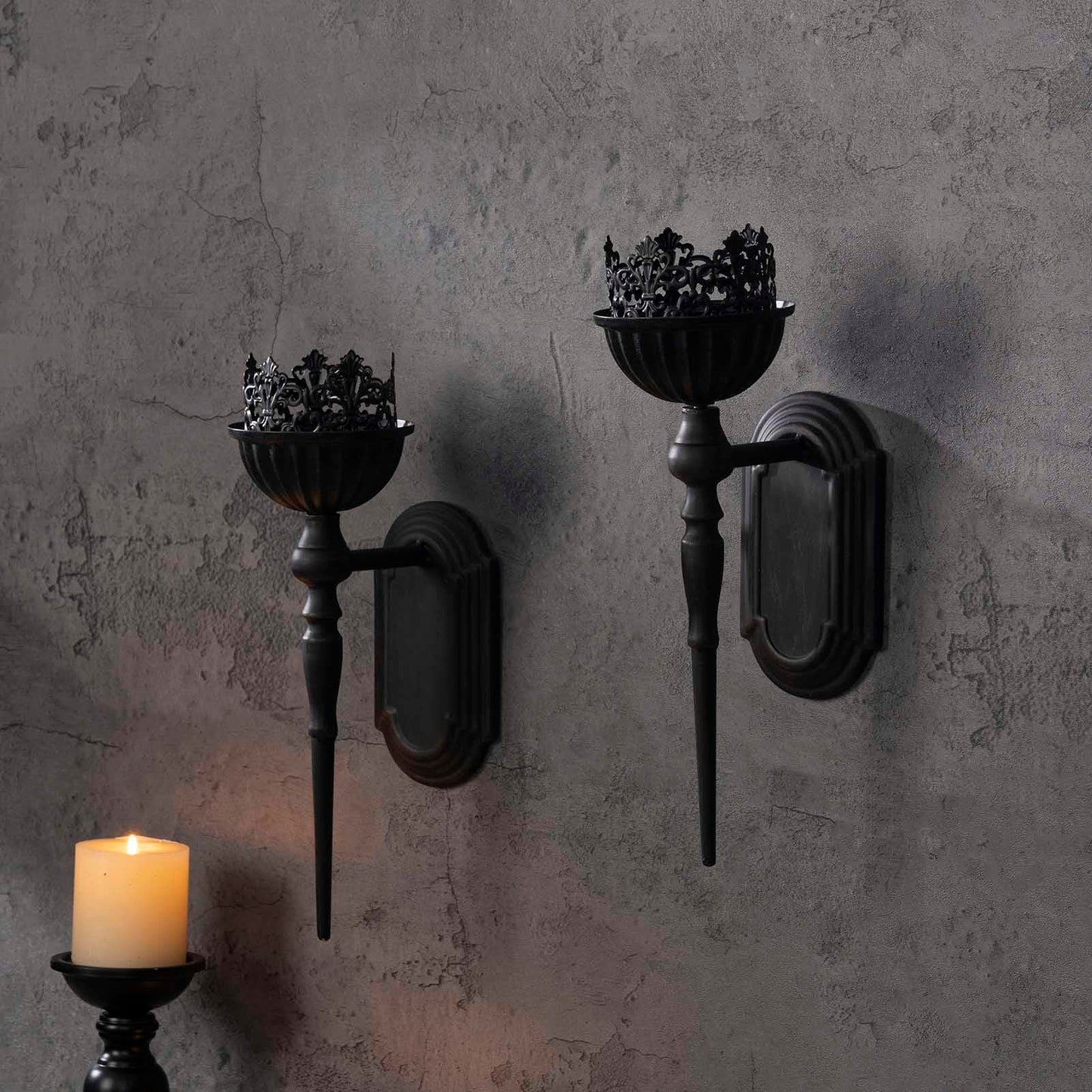Gothic Wall Sconce Candle Holder (Set of 2) Black Crown and Scepter Design Wall-Mount Metal Candle Holders Hanging Iron Wall Candle Sconce Holder for Living Room, Bathroom, Dining Room