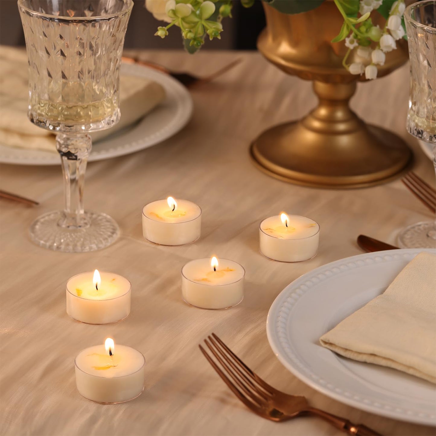 Vanilla Scented Tealight Candles, 48 Pack- Extended 4-5h Clear Cup Scented Tea Lights with Handmade Floral Surface, 100% Natural Palm Wax Tealights Smokeless for Home Cozy Night, Holidays