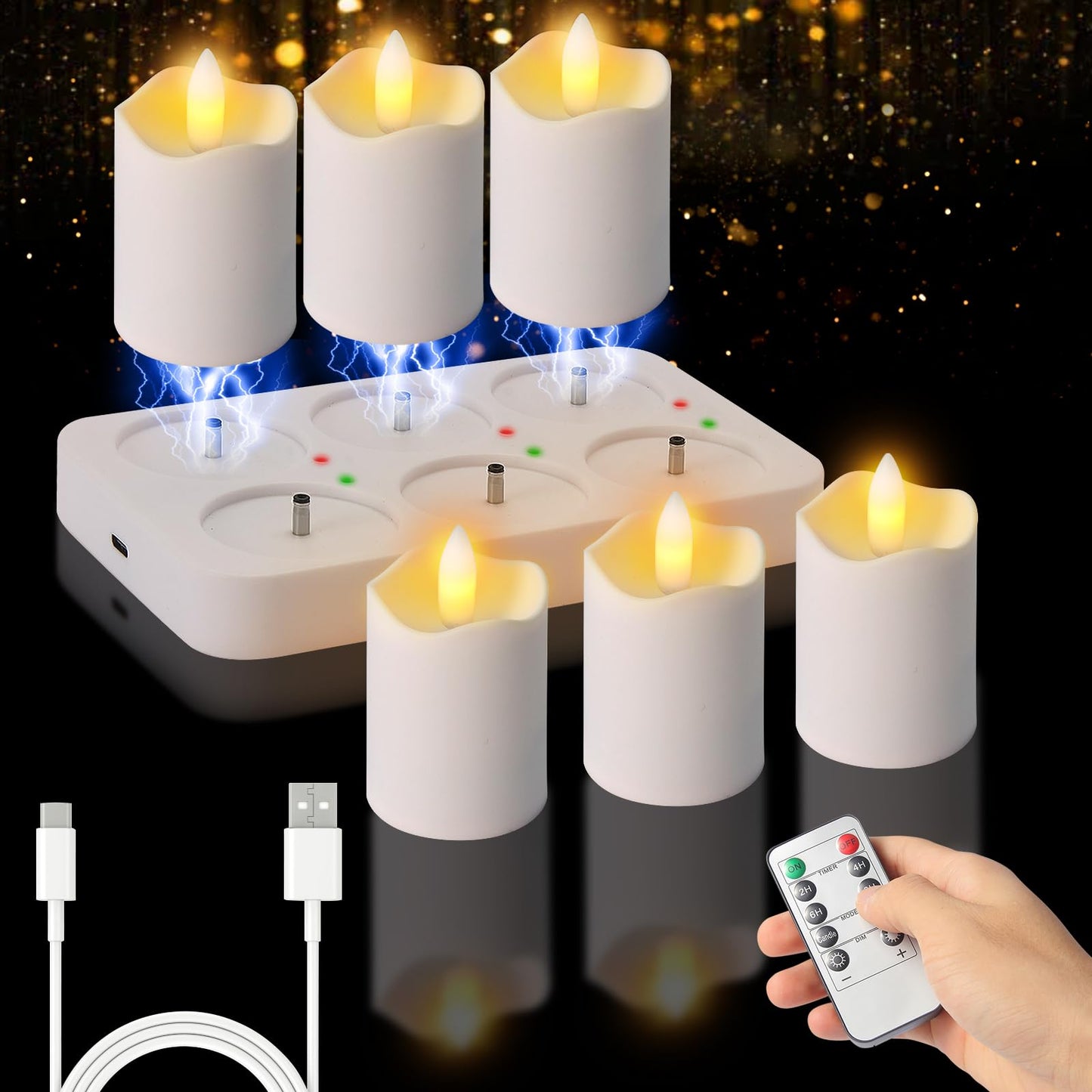 PIDZPOW Rechargeable Flameless Tea Lights Candles with Remote Timer, 1.5" x 2.6" LED Candles with USB Charging Base, Small Votive Candle Electric Fake Candle for Wedding Table Decor Dining (6 Pack)