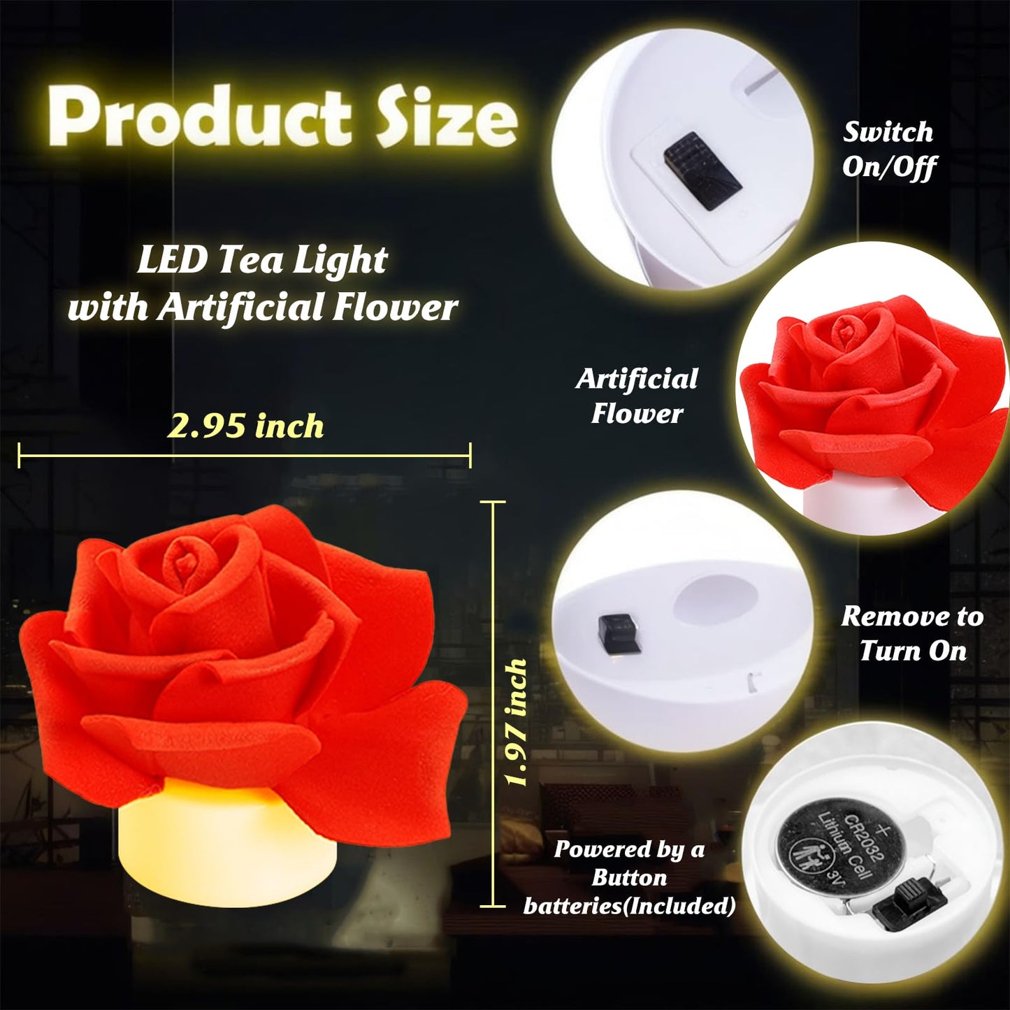 SupBri 12 Pack Flower Led Tea Lights, 200+Hour Battery Operated Candles for Wedding Table Centerpieces, Party Anniversary Christmas (Red)