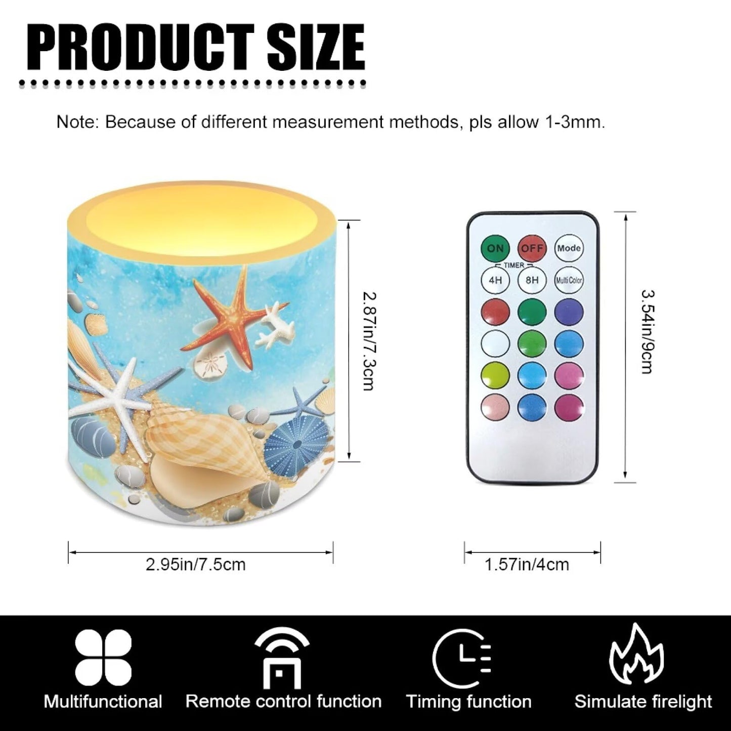 NETILGEN 4 Packs Flameless Candles with Remote Timer Color Changing Realistic Flickering Flameless Candles Set of 4 Battery Operated Candles Beach Seashell Starfish Print