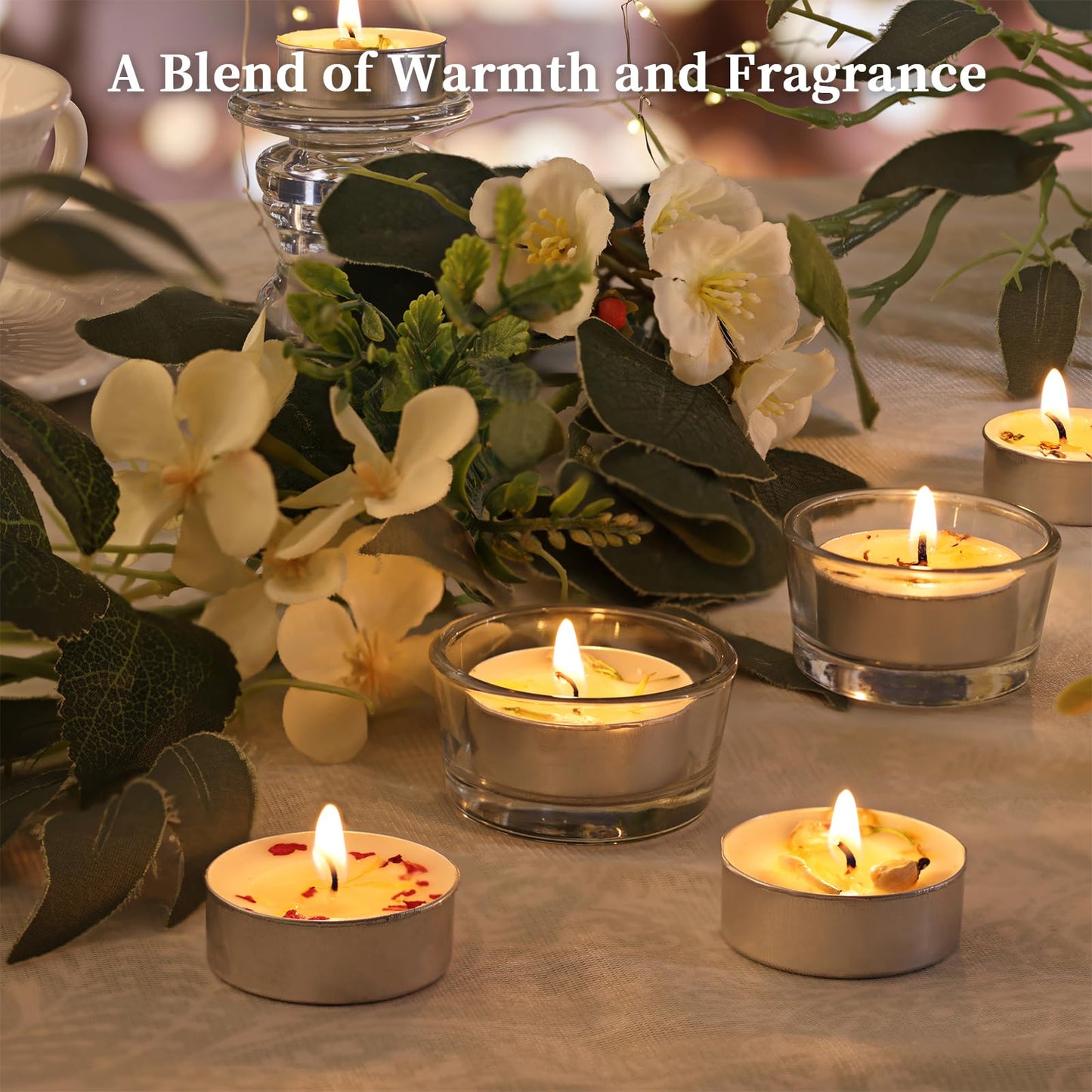 Rose Scented Tealight Candles 16 Pack - 4-Hour Palm Wax White Tea Lights, Plant Dried Flower Tea Lights Candle (Paraffin-Free), Scented Votive Candles for Home/Yoga/Bath/Meditation