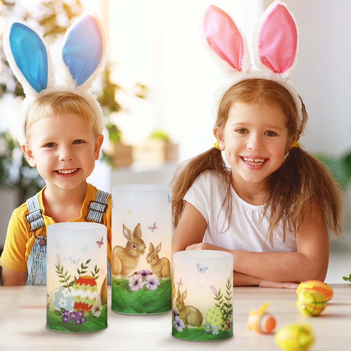 Wondise Easter Bunny Flameless Candles with 6hrs Timer, Battery Operated Pillar Candles with Easter Eggs Lilies Real Wax Flickering LED Candles for Easter Decoration Set of 3(D3 x H4/5/6 Inch)