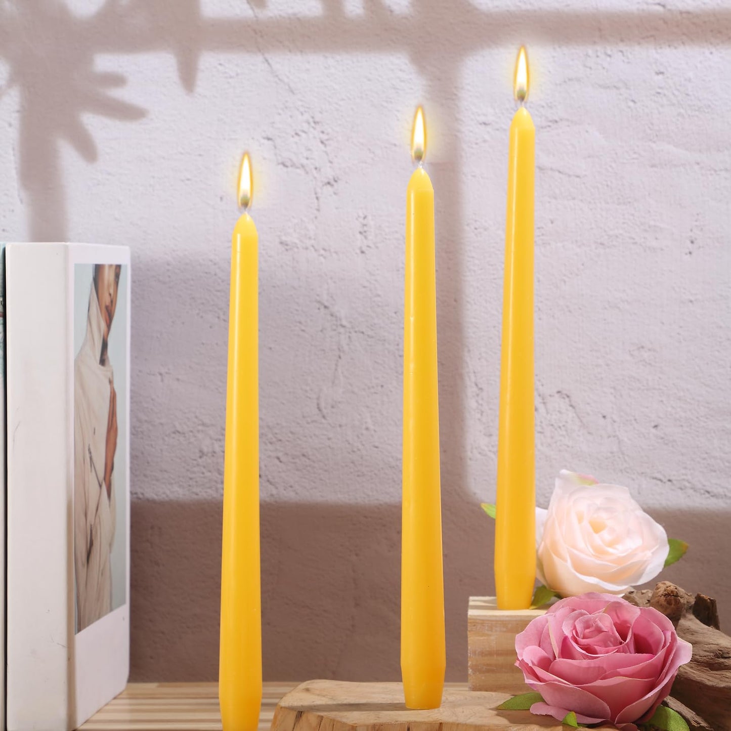 MTLEE 16 Pcs 10 Inch Long Tapered Candle Stick Bulk Smokeless Unscented Burning Candlestick Paraffin Wax with Cotton Wick for Valentine's Day Baby Shower Wedding Holiday Party Church (Yellow)