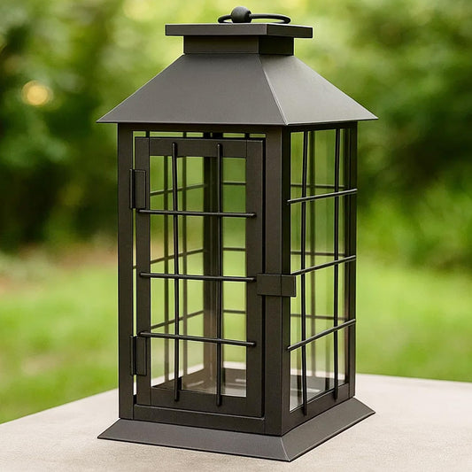 Seraphic 11" Rustic Decorative Candle Lantern – Vintage Metal & Glass Holder for Pillar Candles – Farmhouse Tabletop & Hanging Lantern for Indoor or Patio Decor, Black