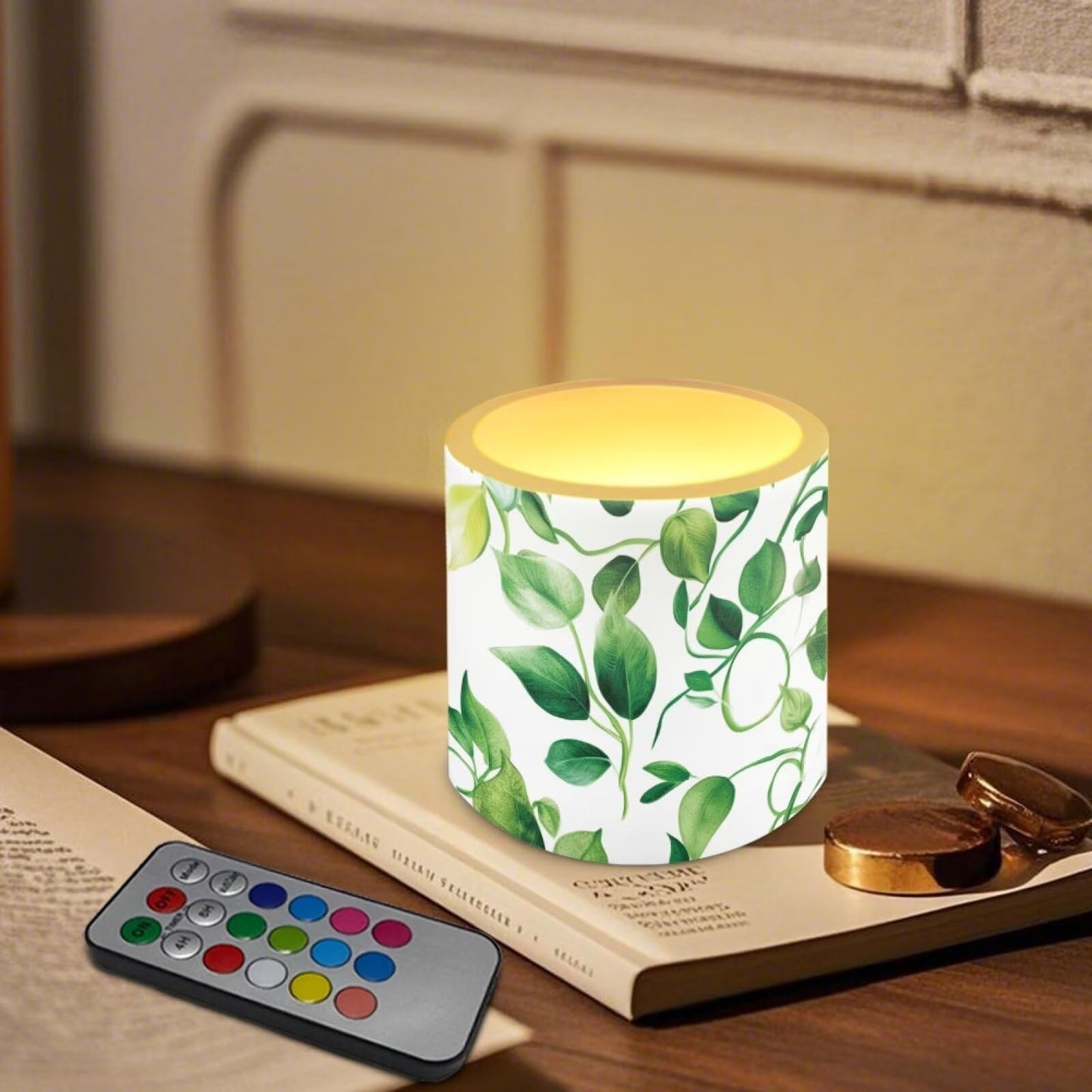 Cozeyat Green Leaves Realistic Dancing Flame Candles 4 Pack Battery Operated Flameless LED with Remote Control Timer Waterproof for Indoor Outdoor Decoration