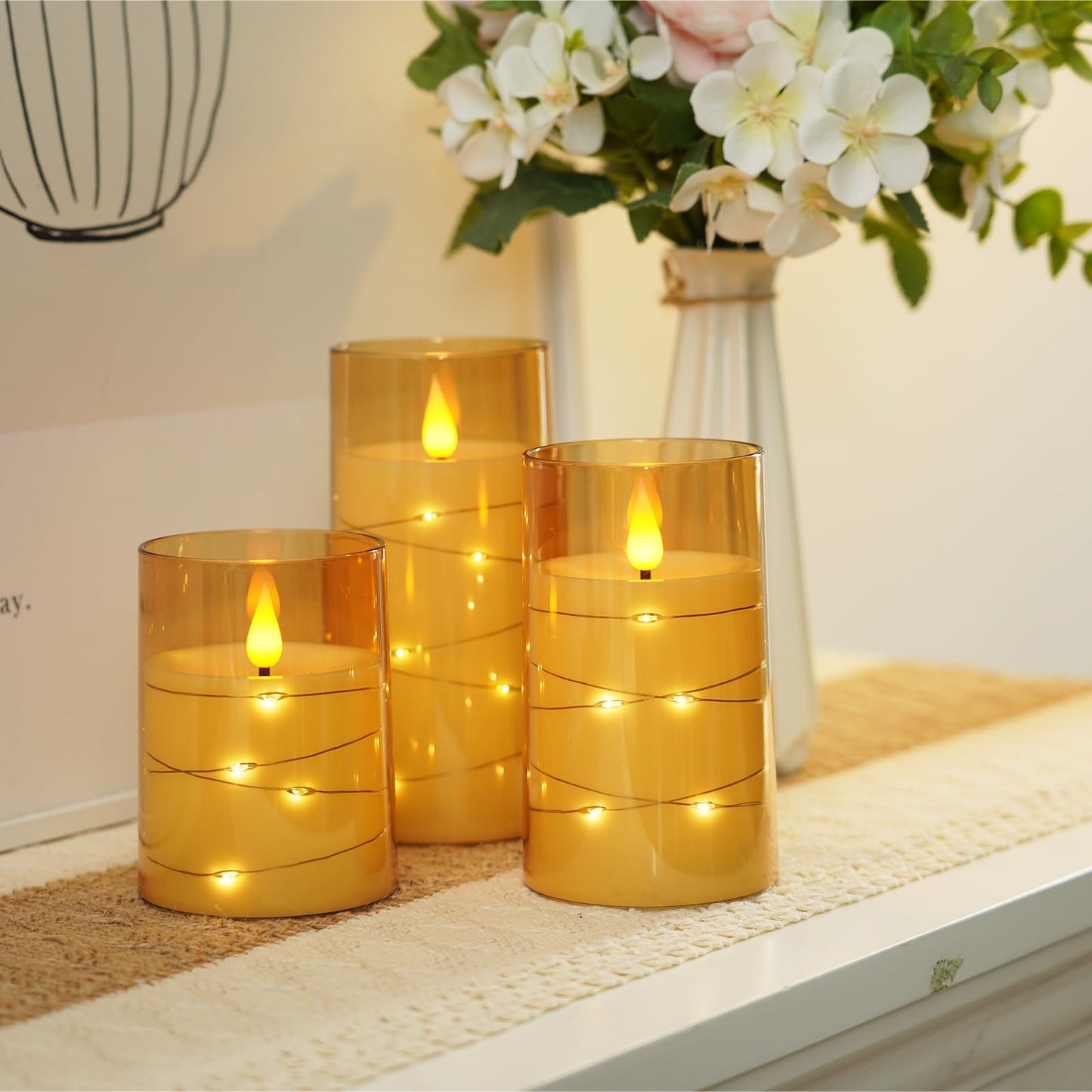 Amagic Flameless Candles 3 Set, Flickering Battery Operated Candles Embedded Fairy String Light, Realistic Pillar Candle with Remote Control and Timer, Acrylic Amber Gold, D3 x H4 5" 6"