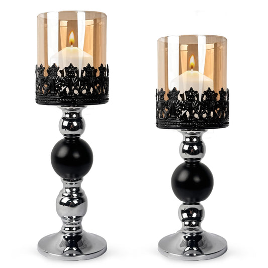HiSnug Hurricane Candle Holders Set - Luxury Pillar Candlestick Holder with Amber Glass Sleeve, Metal Vintage Decorative Candleholders for Dining Table Centerpiece Shelf Home Decor, 2PCS, S+L, Black