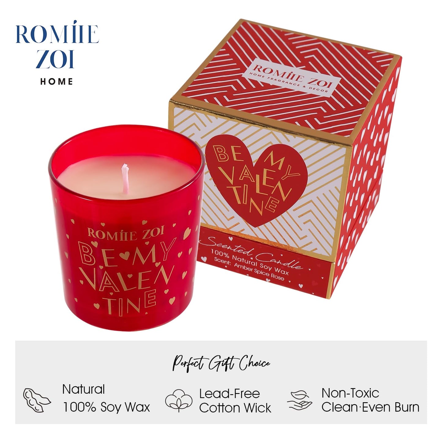 ROMIIE ZOI Holiday Valentine's Day Scented Candle - 6oz Soy Wax Candle Infused with Amber Spice Rose - Gift Box Packaged for Holiday Season Women Gift