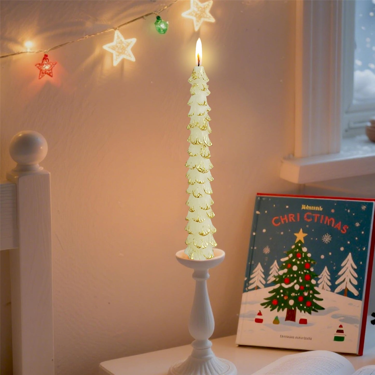 Gedengni Christmas Tree Taper Candle White Candlesticks - 10inches Unscented Tree Shaped Candles Decorative Tapered Candles for Holiday Xmas Party Dinner Table,W