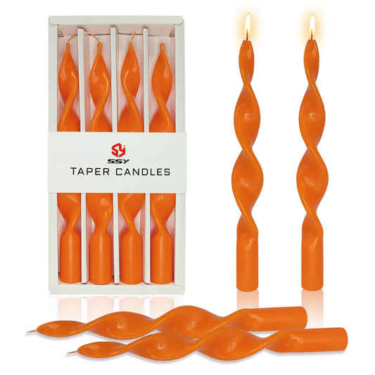Orange Taper Candles Set of 4, 10 Inch Unscented Spiral Candle Sculptural Design, Twisted Candles Handmade Candle Sticks for Wedding Dinner Home Decor Gift
