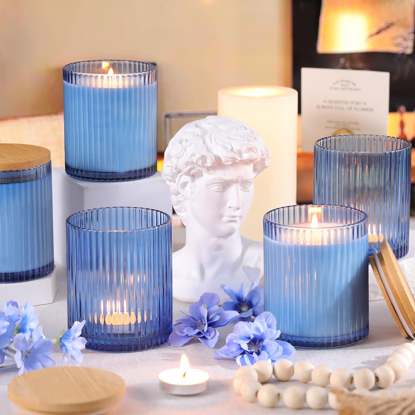 sunnyfuture 10 OZ Blue Candle Jars for Making Candles Set of 8, Ribbed Glass Candle Jars with Wood Lids and Labels, Candle Containers for DIY, Gifts, Home Decoration
