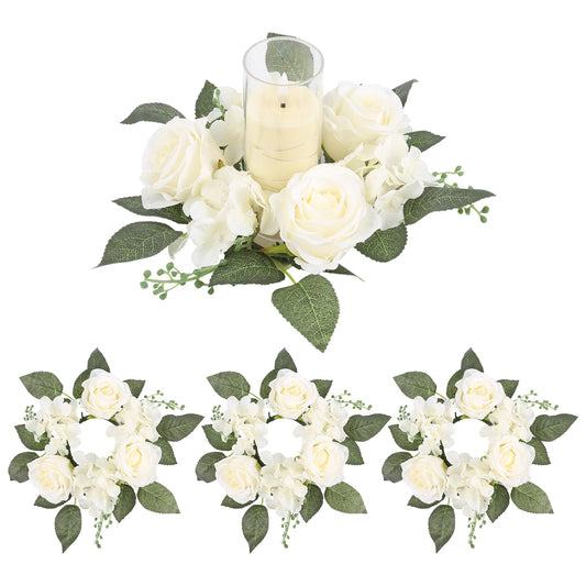 UUXX 4PCS Candle Rings, Floral Candle Wreath Rings, Silk Roses Hydrangea Flowers Candle Wreaths Rings for Table Centerpieces Wedding Valentine's Day Party Decor (Cream White)