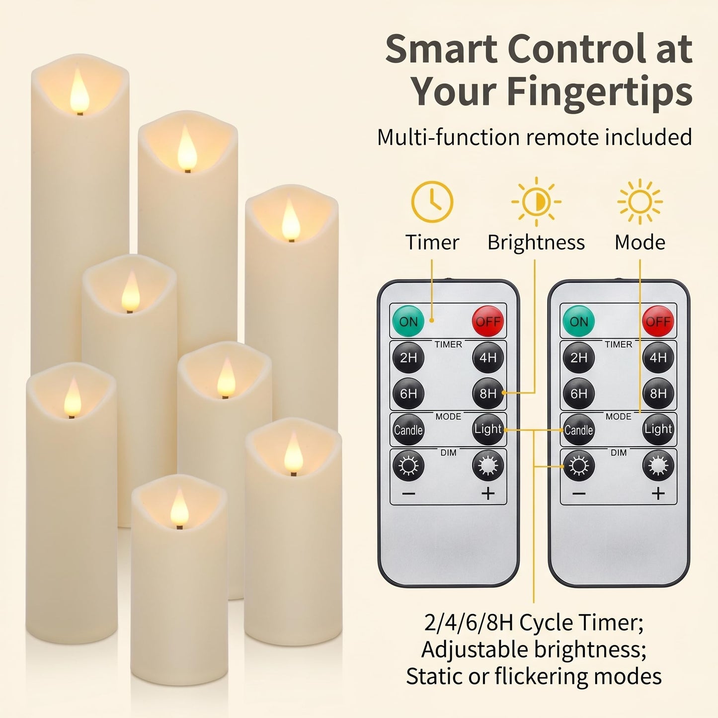 Enido 9pcs Flameless Candles with Remote, 2.2" x 5/6/7" Heat-Resistant Plastic LED Pillar Candles, Battery Operated Moving Wick Fake Candles with Timer, Realistic for Wedding, Outdoor, Home Decor