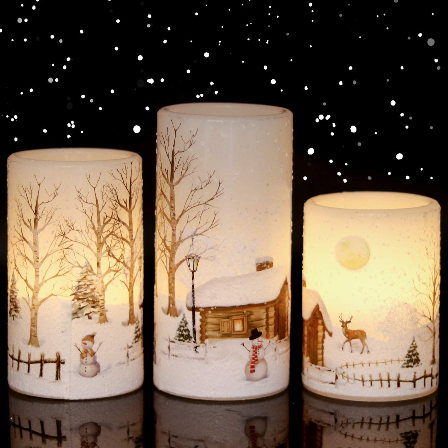 Eldnacele Snowman Christmas Deco Flameless Flickering Candles with Automatical Daily Cycle Timer, White Battery-Operated LED Pillar Candles Snowman Decals 3 Pack (D3” x H 4” 5” 6”)