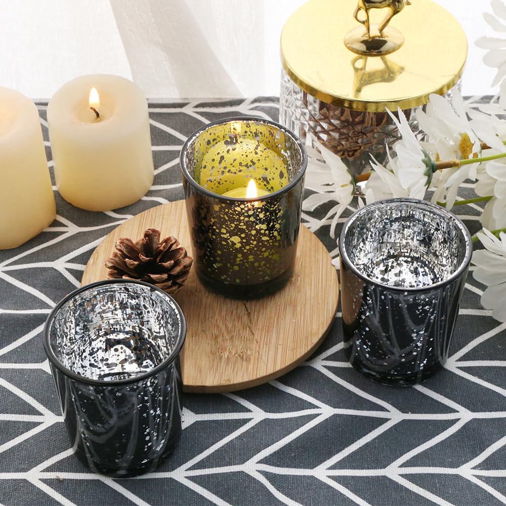 BTGLLAS Black Mercury Glass Tea Light Holders Set of 36 - Elegant Votive Candle Holders for Weddings, Showers and Home Decor - Perfect for Table Centerpieces and Parties (Glass, Black)
