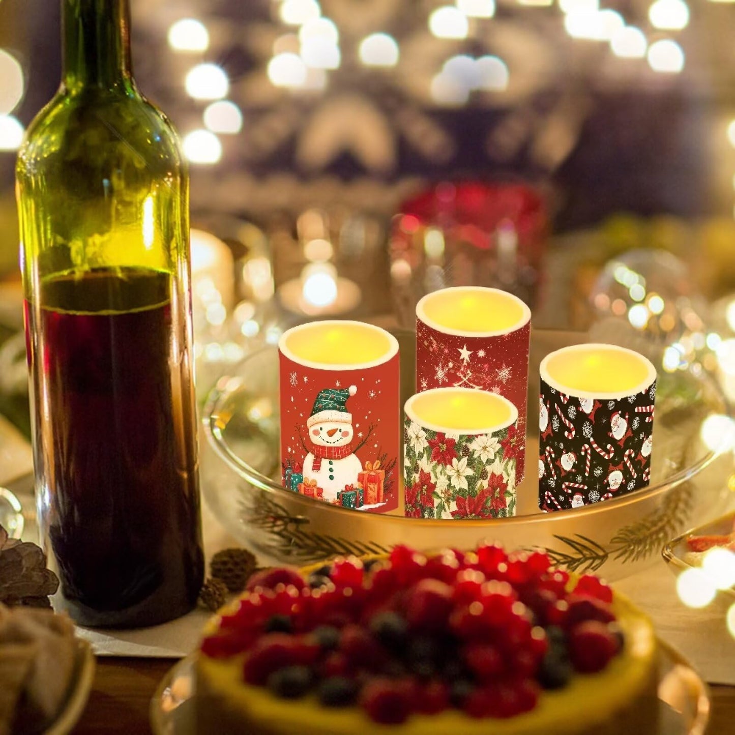 NETILGEN 4 Pcs Flameless LED Pillar Candles with Timer Remote for Indoor Outdoor Christmas Holiday Decoration Snowman Poinsettia Flowers Print