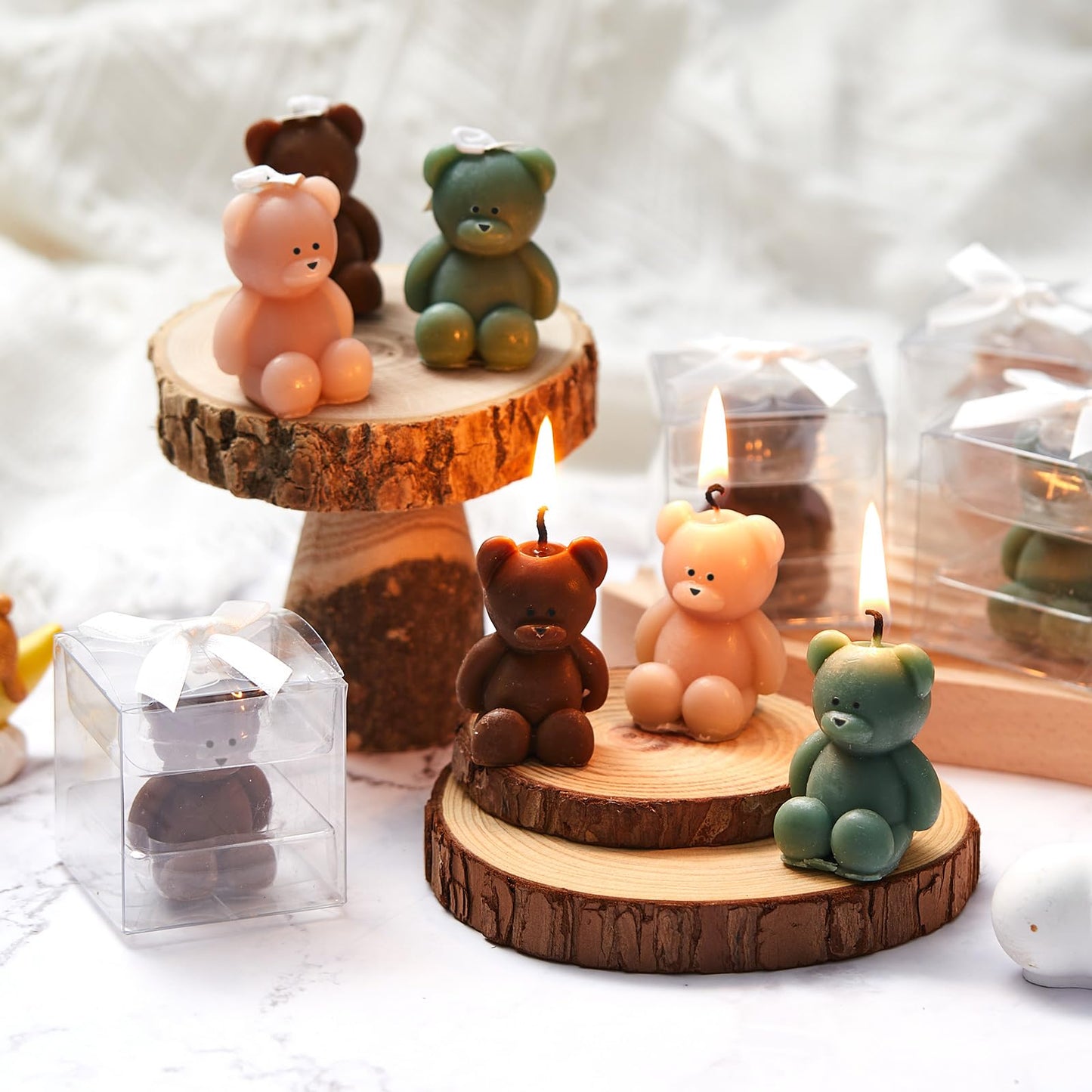 Dansib 15 Pcs Bear Baby Shower Candle Favors for Guest Bear Party Favors Baby Shower Candles Bulk for Gifts Party Decorations (Light Brown,Dark Brown,Green)
