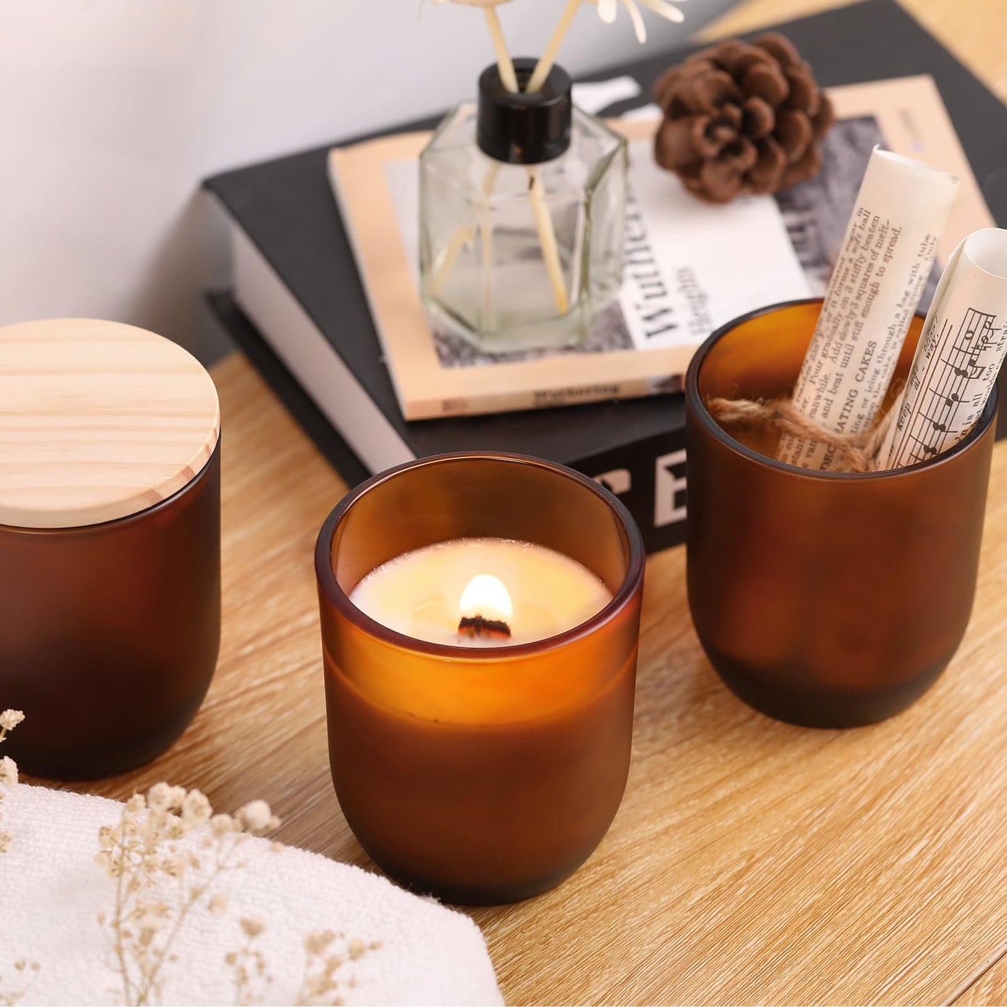 LETINE 12PCS Matte Amber Glass Candle Jars 8oz with Lids - Multi-Purpose Frosted Candle Containers for DIY Candle Making, Herb Storage, Sugar Scrubs, Perfect for Bridesmaids Gifts & Wedding Favor