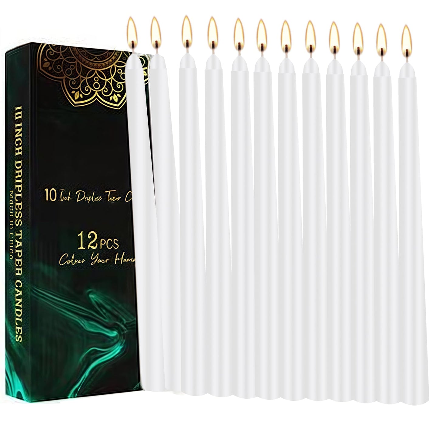10-Inch White Taper Candles 12 Pack, Unscented Smokeless Dripless Candlesticks, 7-8 Hours Long Burning for Home Decor, Dinner, Church & Emergency Use, Weddings & Everyday Use (12, White)